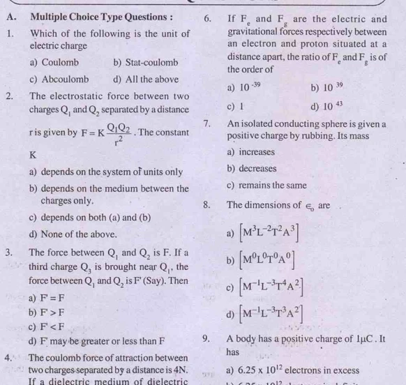 Odisha Class 11 books – Physics textbook page featuring multiple-choice questions on electrostatics, electric charge, Coulomb’s law, and electric forces.
