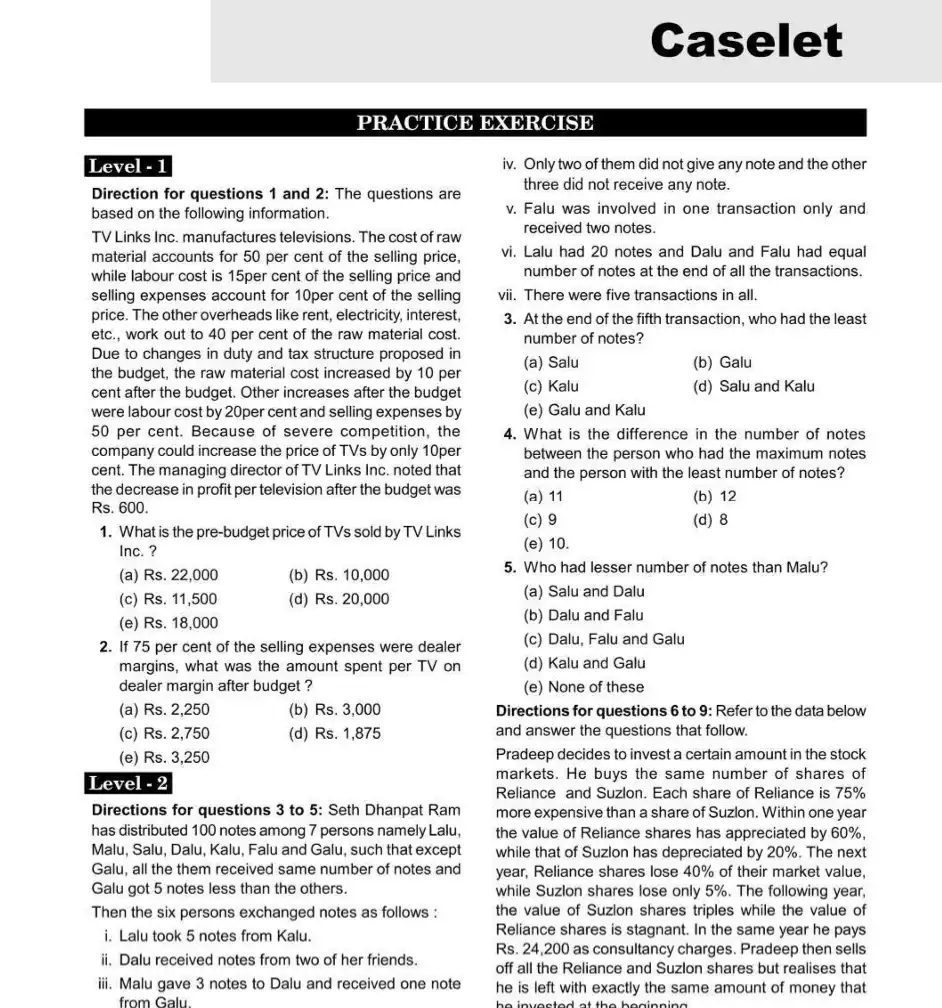 Data Interpretation important questions for cat