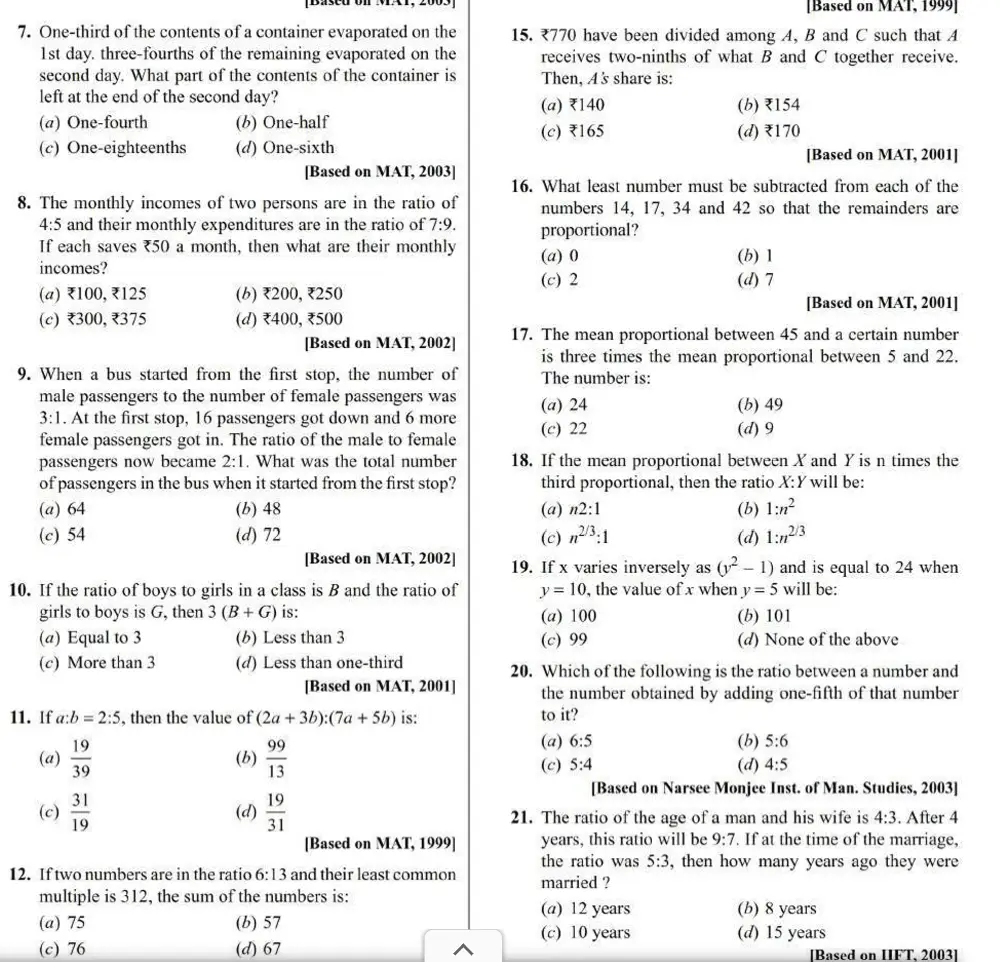 Quantitative Aptitude Questions for cat