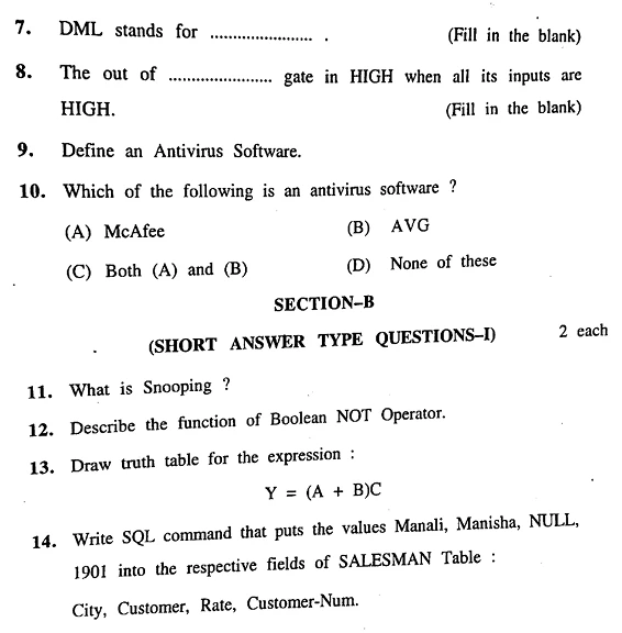 JKBOSE 12th Computer Science previous year question papers with solutions covering DML, logic gates, antivirus software, Boolean NOT operator, truth tables, and SQL commands.
