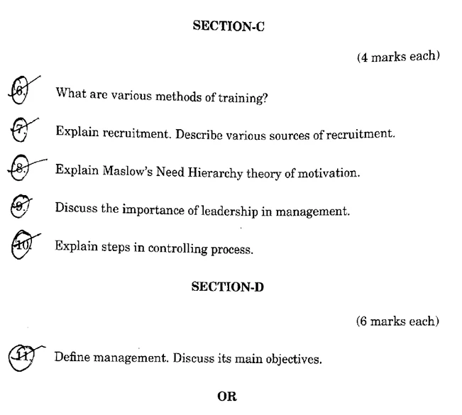 JKBOSE Class 12th Business Studies previous year question papers free PDF with long-answer questions on training, recruitment, motivation, leadership, controlling, and management objectives.