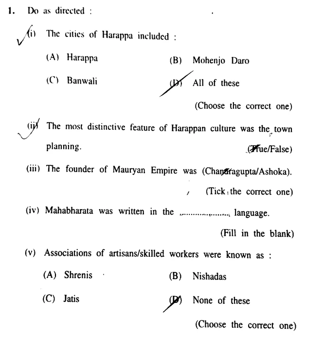 JKBOSE 12th History previous year question papers with questions on Harappan cities, town planning, the Mauryan Empire, the Mahabharata, and artisan associations.
