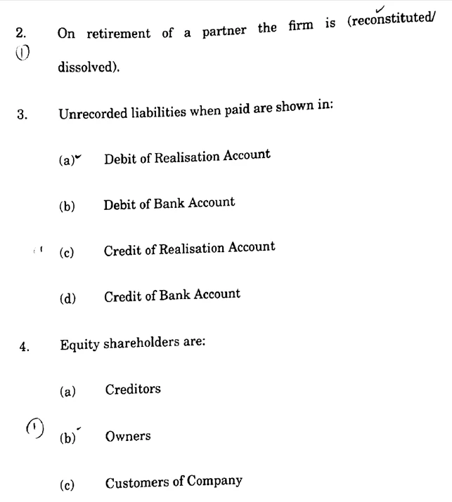 Jammu and Kashmir Board HSE Part-II Accountancy previous year question papers with questions on retirement of a partner, unrecorded liabilities, and equity shareholders.