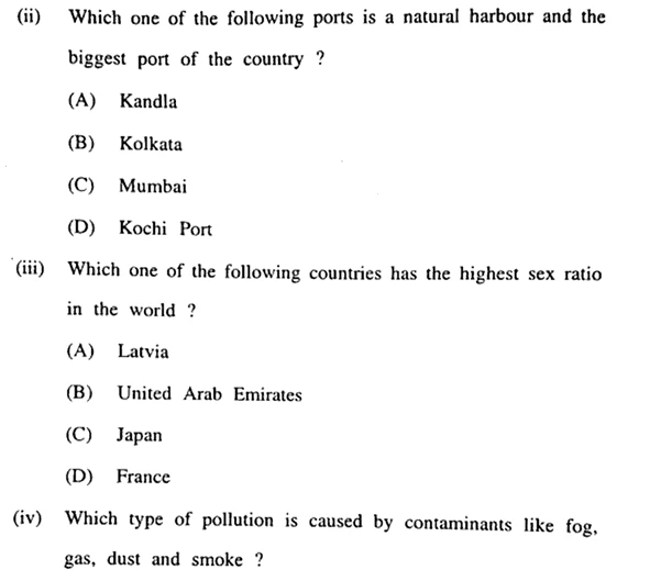 JKBOSE 12th Geography PYQs with MCQs on India’s natural harbour and largest port, global sex ratio, and pollution caused by fog, gas, dust, and smoke.