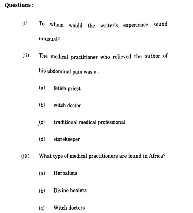 12th English previous year question papers JKBOSE with comprehension questions about the writer’s unusual experience and traditional medical practitioners in Africa.