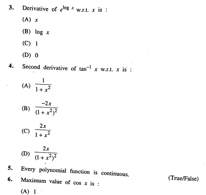 12th Mathematics question paper JKBOSE with questions on derivatives, continuity of polynomial functions, and the maximum value of cos x.
