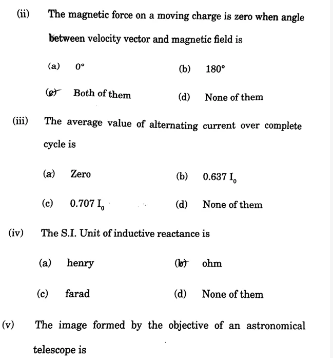 JKBOSE 12th Physics previous Year question paper with MCQs on magnetic force, alternating current, inductive reactance, and astronomical telescope.