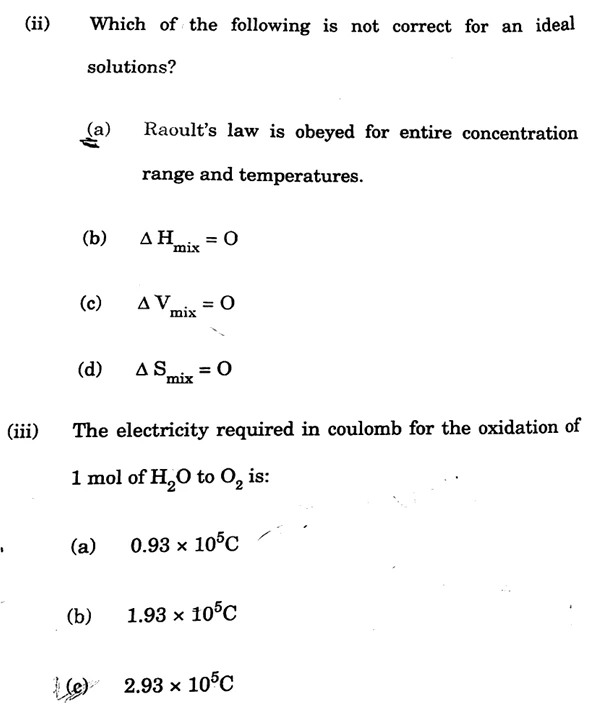 JKBOSE 12th Chemistry question paper with MCQs on ideal solutions, Raoult’s law, enthalpy and volume of mixing, entropy, and electrochemical oxidation of water.