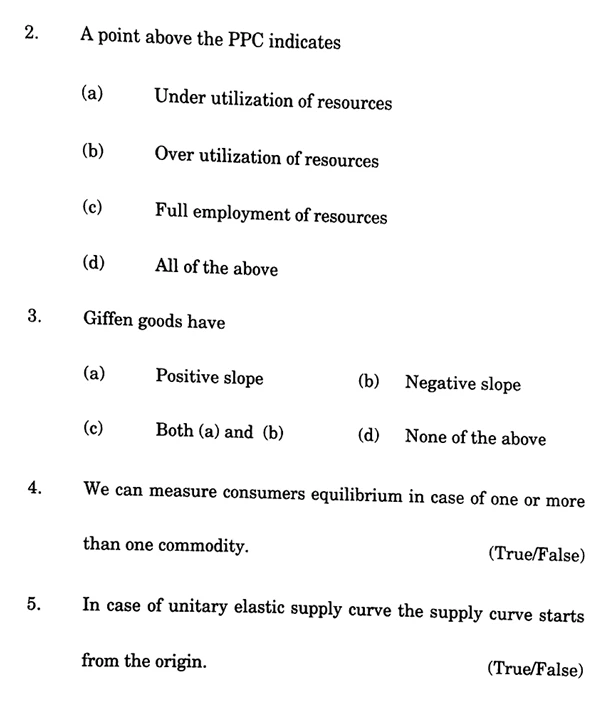 JKBOSE 12th Economics previous year question papers PDF download with MCQs and true/false questions on PPC, Giffen goods, consumer equilibrium, and unitary elastic supply.