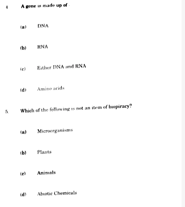 JKBOSE Class 12 Biology previous year question papers with MCQs on genes and biopiracy, including microorganisms, plants, animals, and abiotic chemicals.