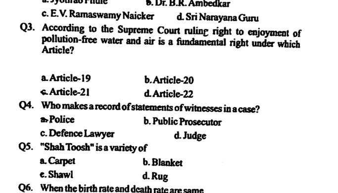 JKBOSE 8th General Knowledge question paper PDF download with MCQs on fundamental rights, witnesses in court cases, Shah Toosh, and birth and death rates.