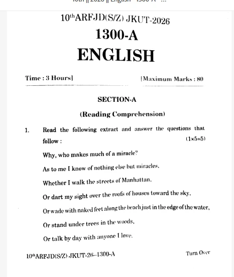 JKBOSE 10th English question paper 2026 with reading comprehension section