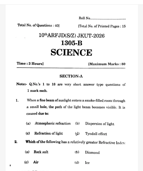 JKBOSE Class 10 Science question paper 2026 with optics and Tyndall effect questions