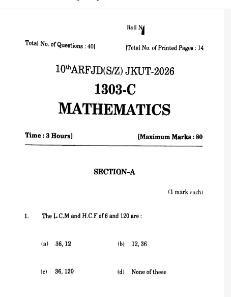 10th Mathematics question paper 2026 JKBOSE with LCM and HCF question