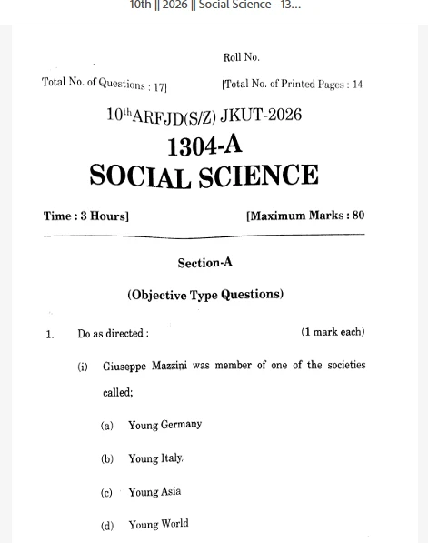 JKBOSE 10th Social Science question paper 2026 with Solutions with objective questions