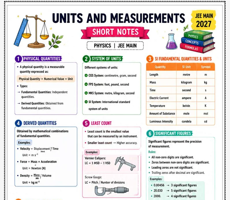 Physics Units And Measuremeanths one page notes for JEE Main