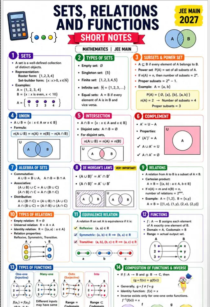 Sets, Relations, and Functions one sheet notes JEE Main