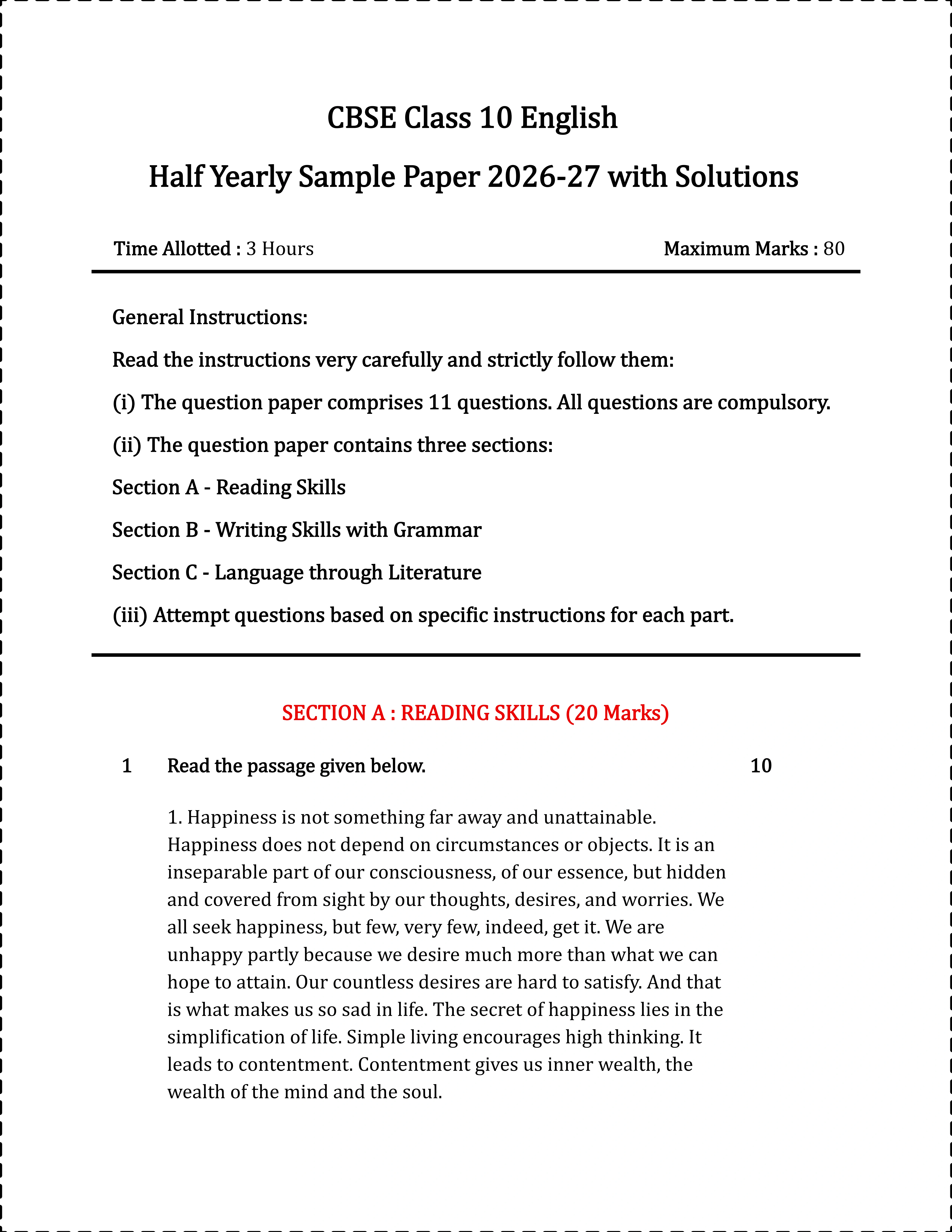 CBSE 10 English Half Yearly Sample Paper 2026-27