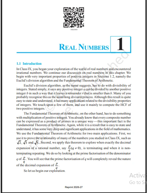 CBSE Class 10 Mathematics textbook 2026 page introducing Chapter 1, Real Numbers, with Euclid’s division algorithm and the Fundamental Theorem of Arithmetic.