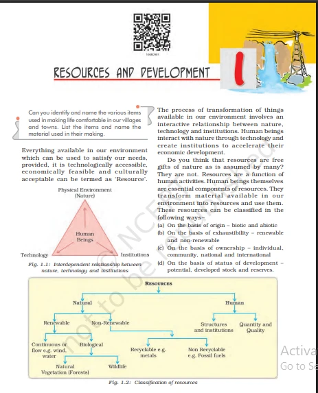 CBSE Class 10 Geography textbook free download page on “Resources and Development,” covering resource classification, natural and human resources, renewable and non-renewable resources.