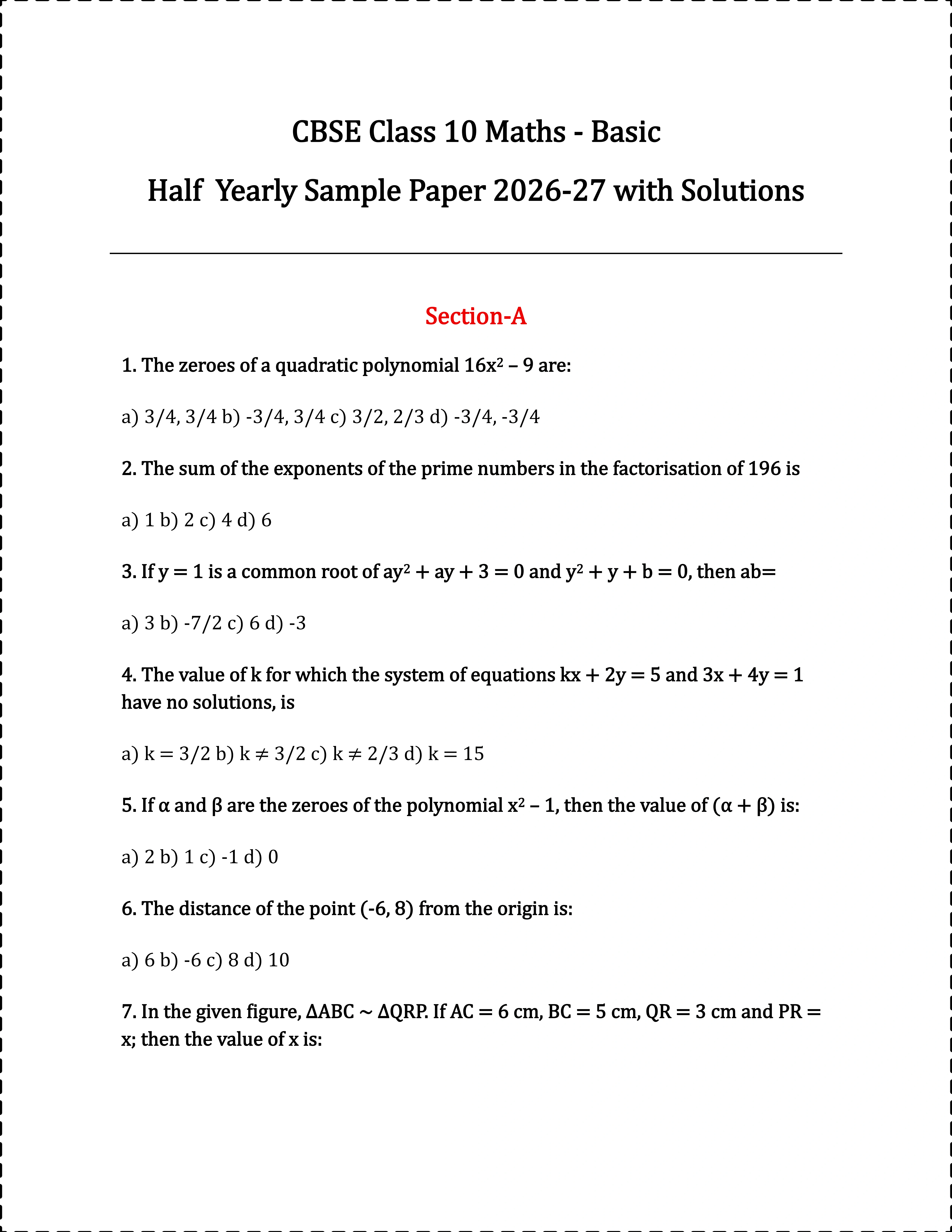 CBSE Class 10 Maths Basic Half Yearly Sample Paper 2026-27