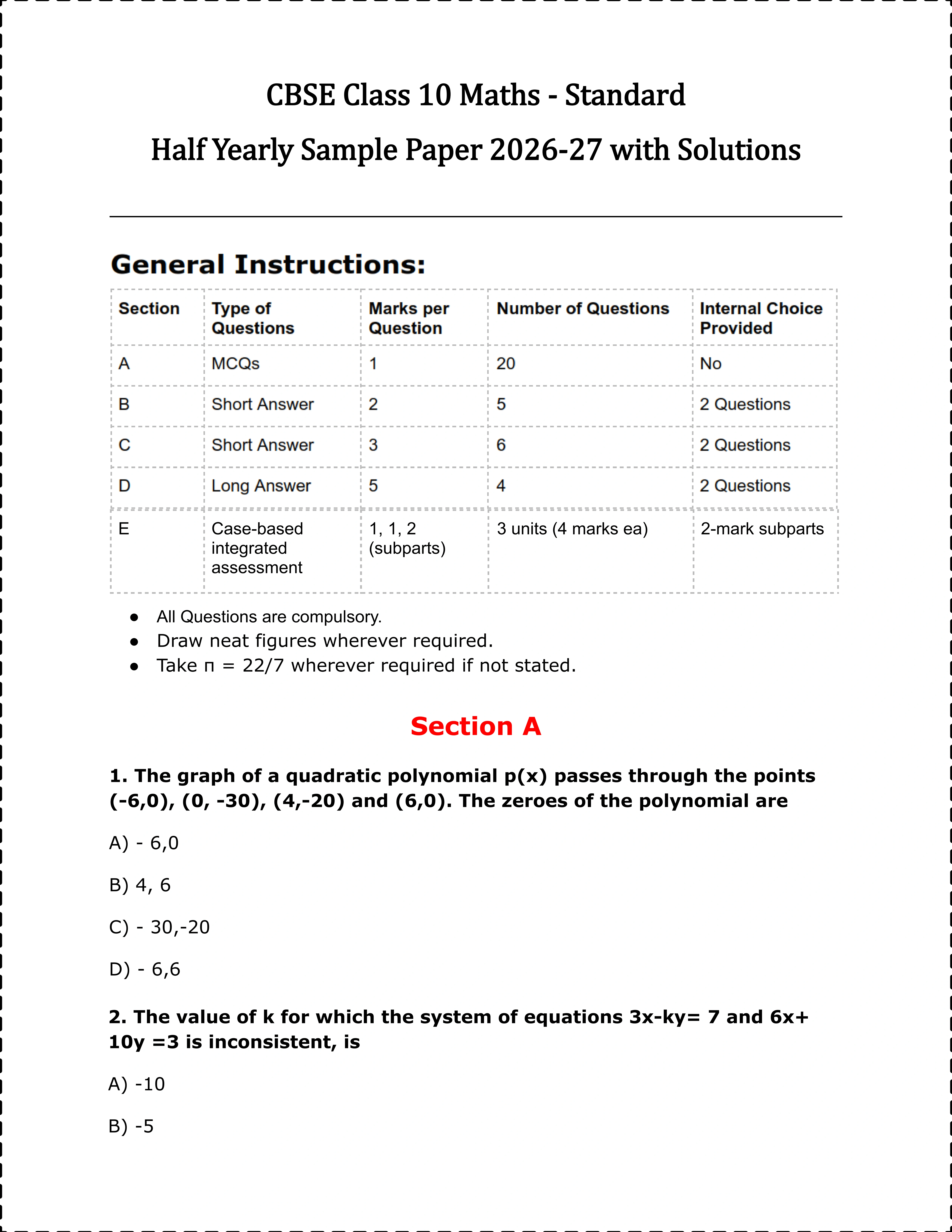 CBSE 10 Maths Standard Half Yearly Sample Paper 2026-27