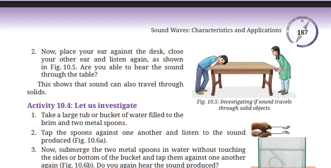 CBSE Class 9 Science textbook page on Sound Waves, showing activities demonstrating that sound travels through solid and liquid materials.