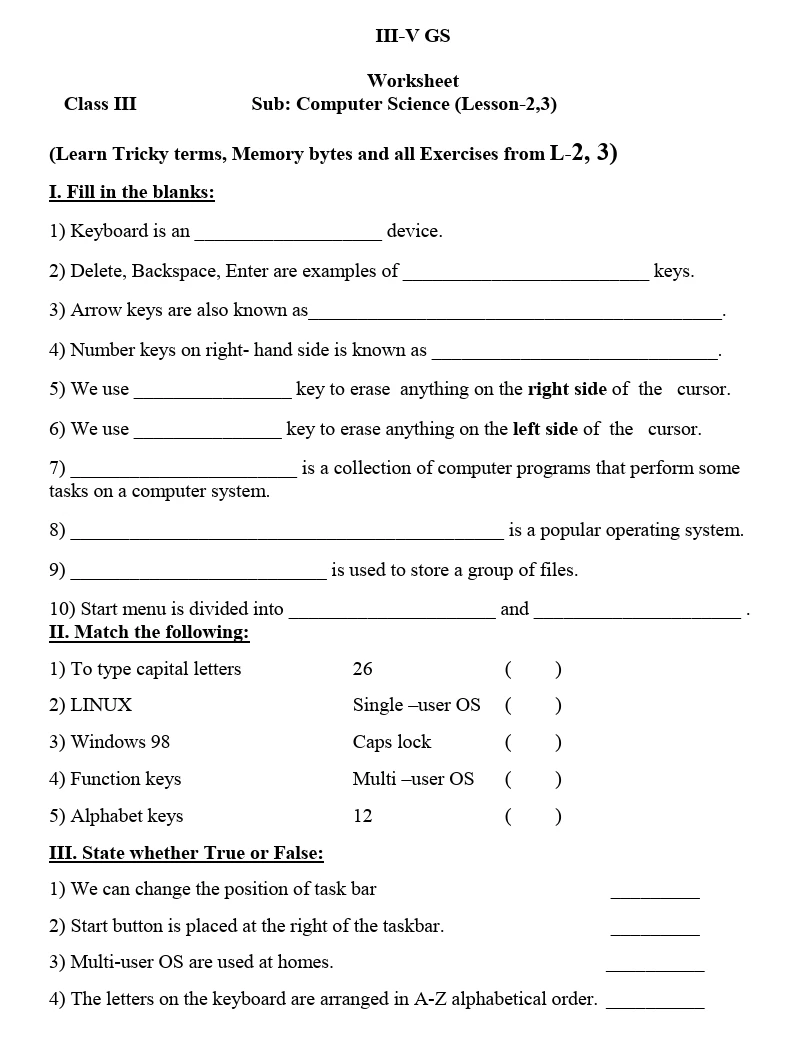 Class 3 Computer Science worksheets PDF free download