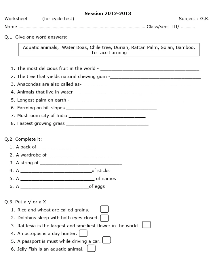 printable General Knowledge worksheets for Class 3