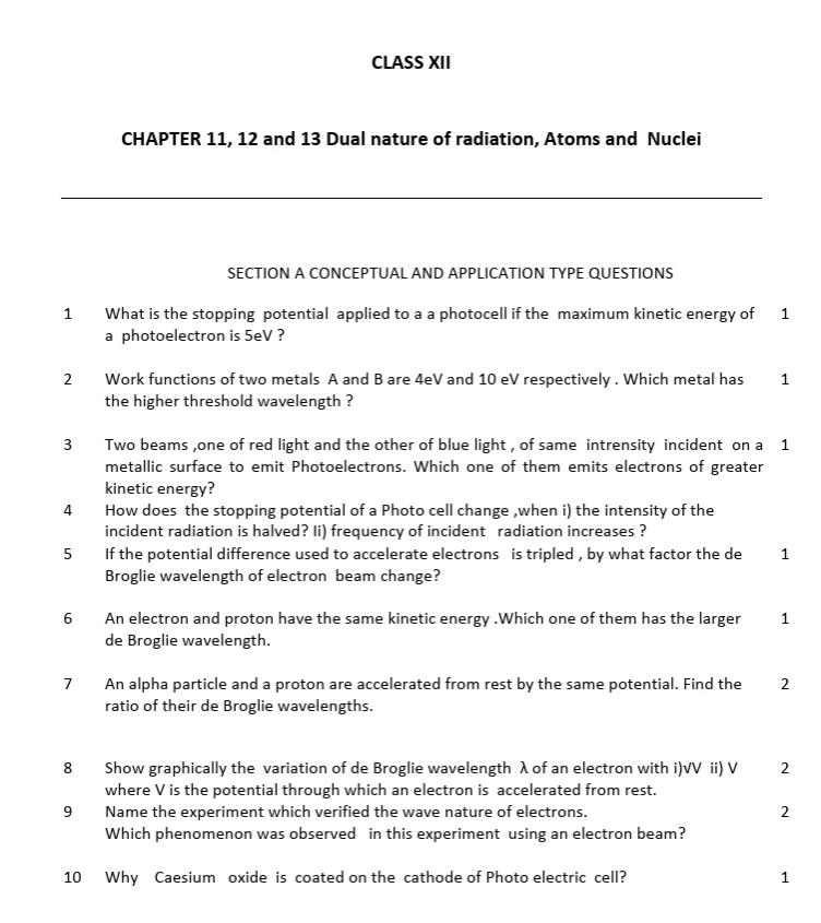 Physics worksheets for Class 12