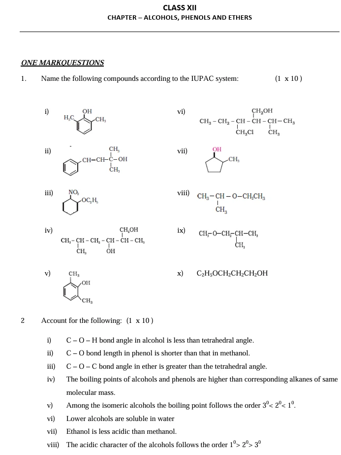 Chemistry worksheets for Class 12