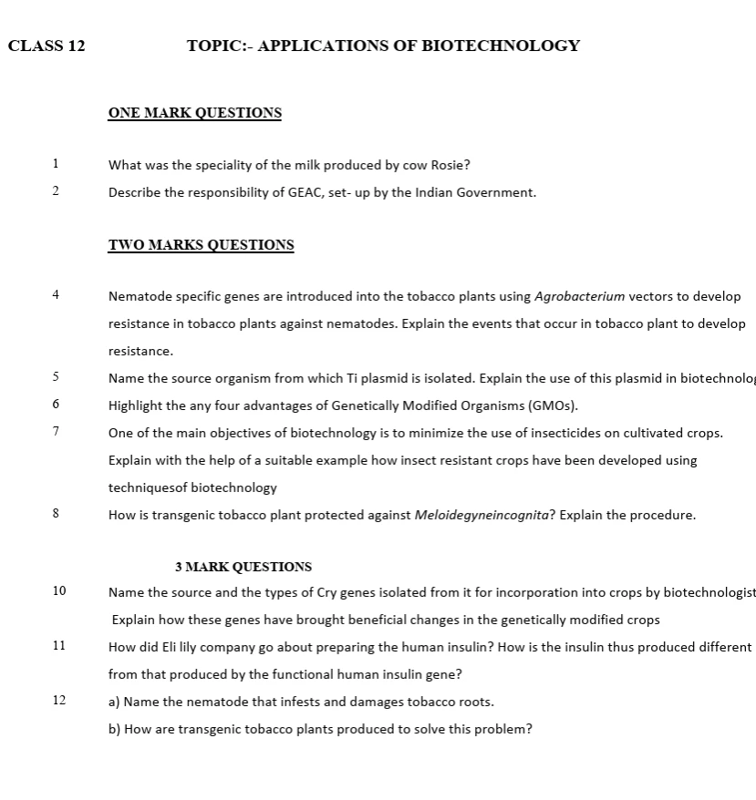 CBSE Class 12 Biology worksheets 2027