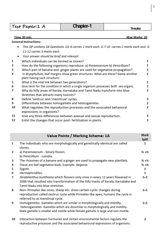 Biology worksheets for Class 12