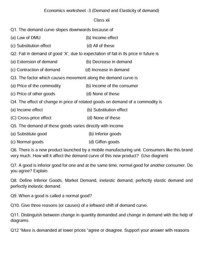 Economics worksheets for Class 12