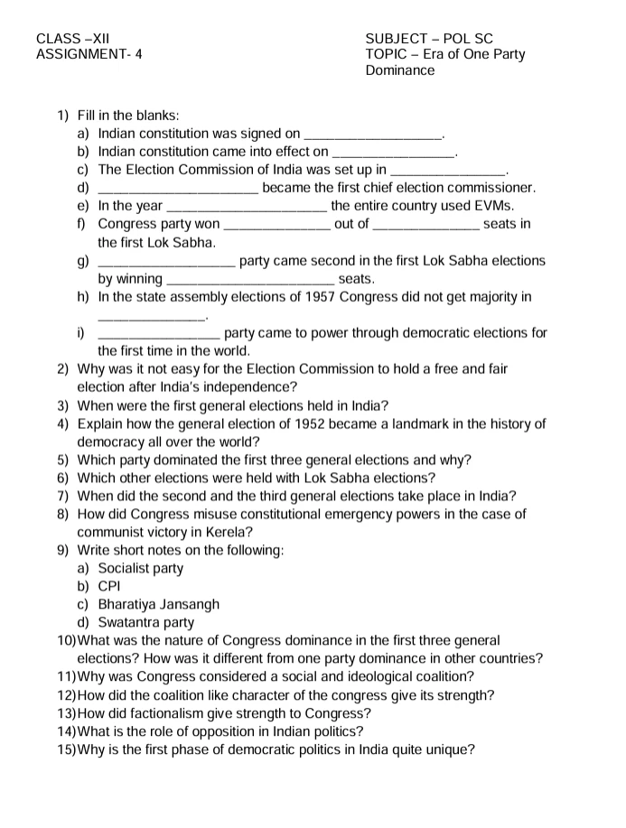 CBSE Class 12 Political Science worksheets 2027