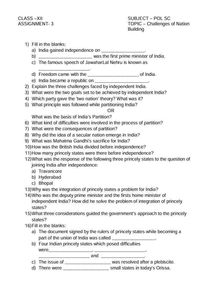 Political Science worksheets for Class 12