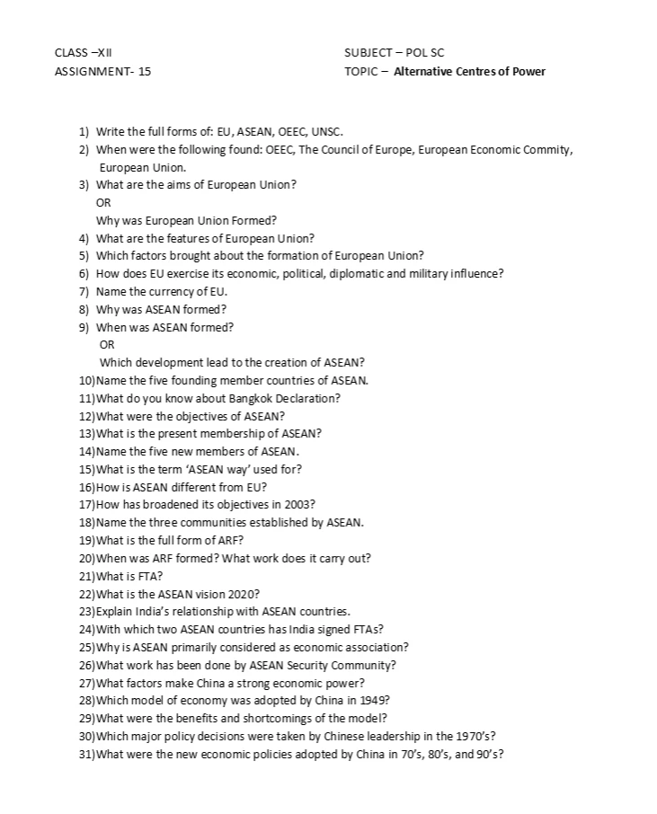 Class 12 Political Science worksheets