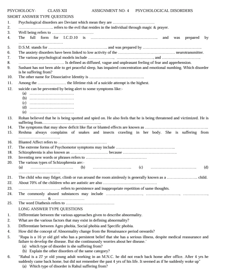 Psychology worksheets for Class 12