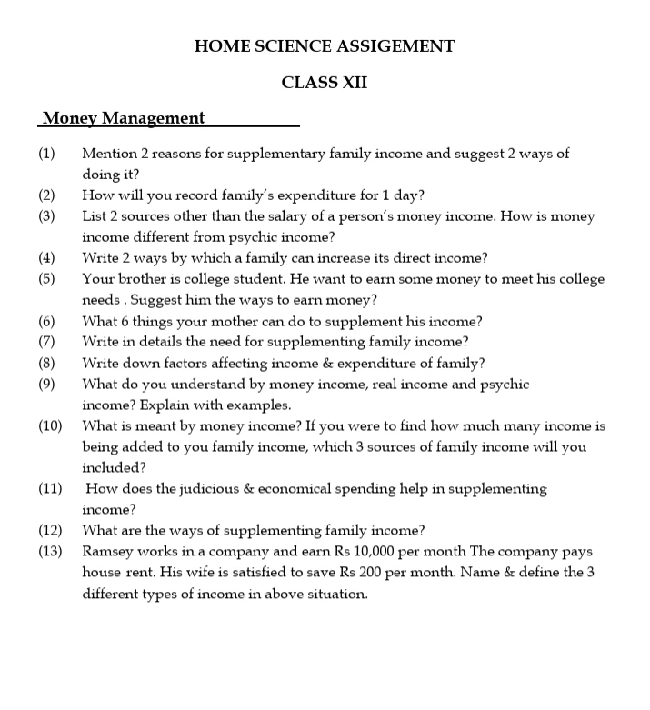 CBSE Class 12 Home Science worksheets 2027