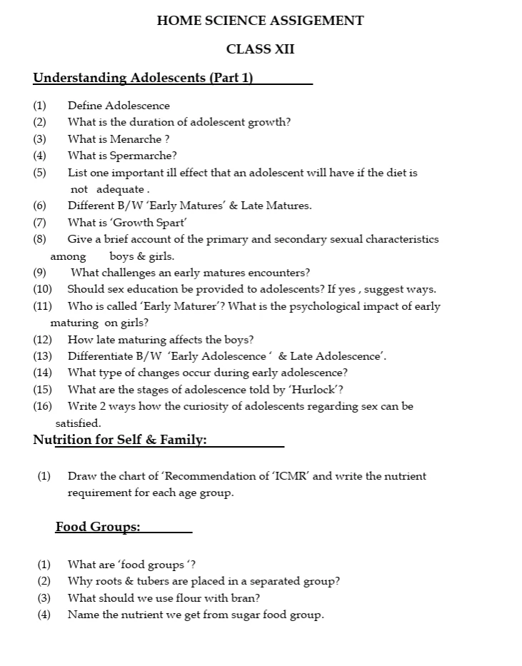 Home Science worksheets for Class 12