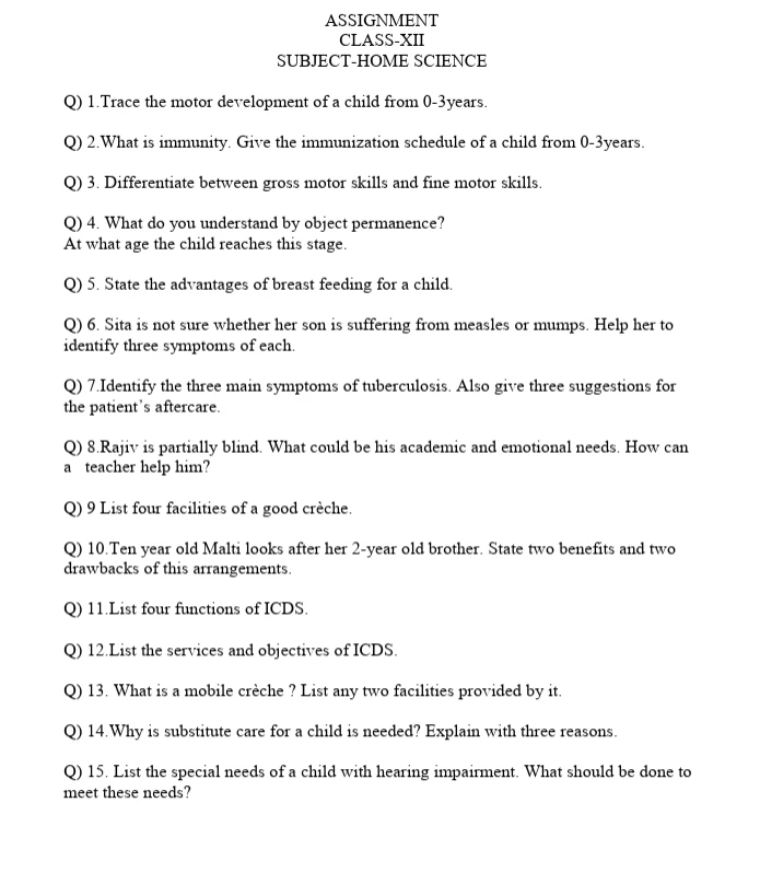 Class 12 Home Science worksheets
