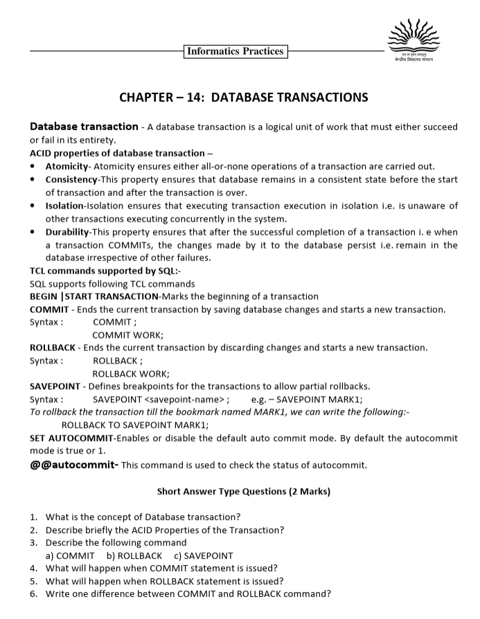 Class 12 Informatics Practices worksheets