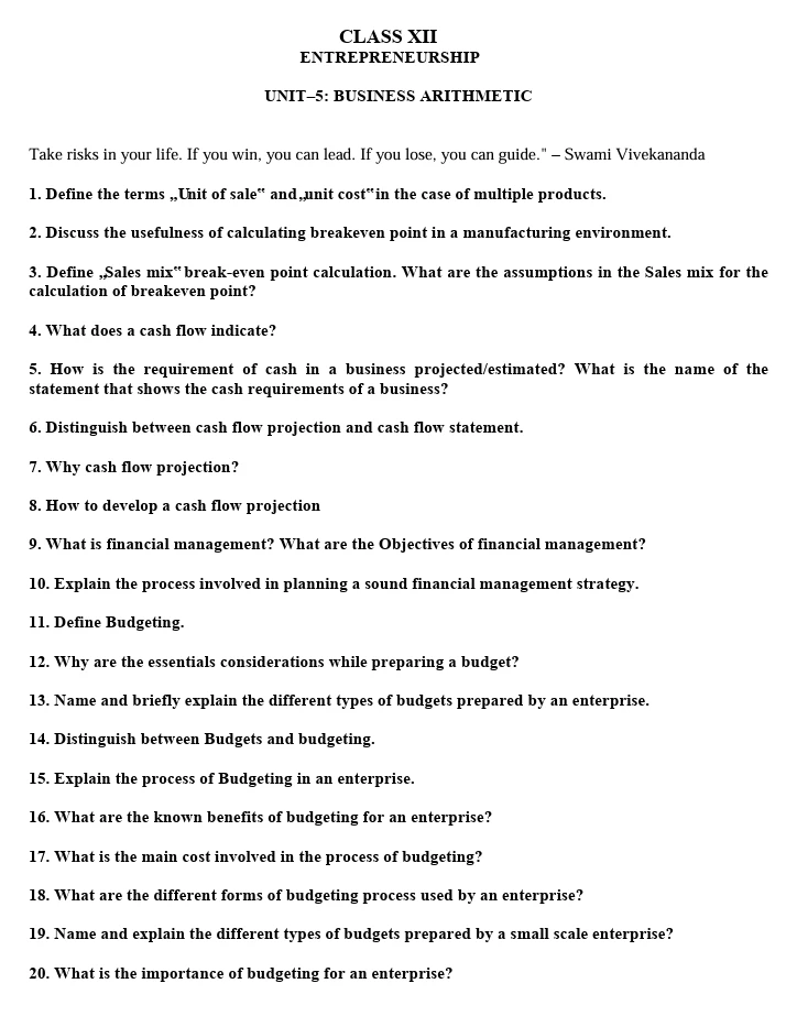 CBSE Class 12 Entrepreneurship worksheets 2027