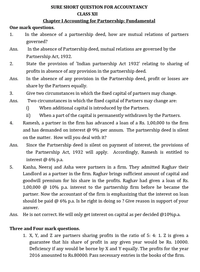 Accountancy worksheets for Class 12