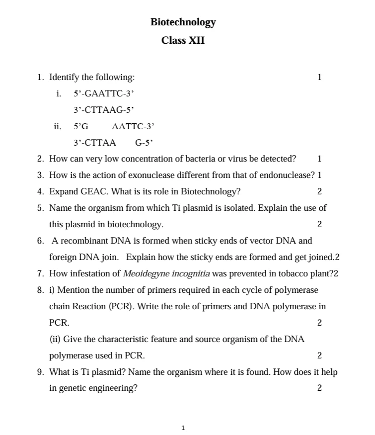 CBSE Class 12 Bio Technology Principles and Applications worksheets 2027