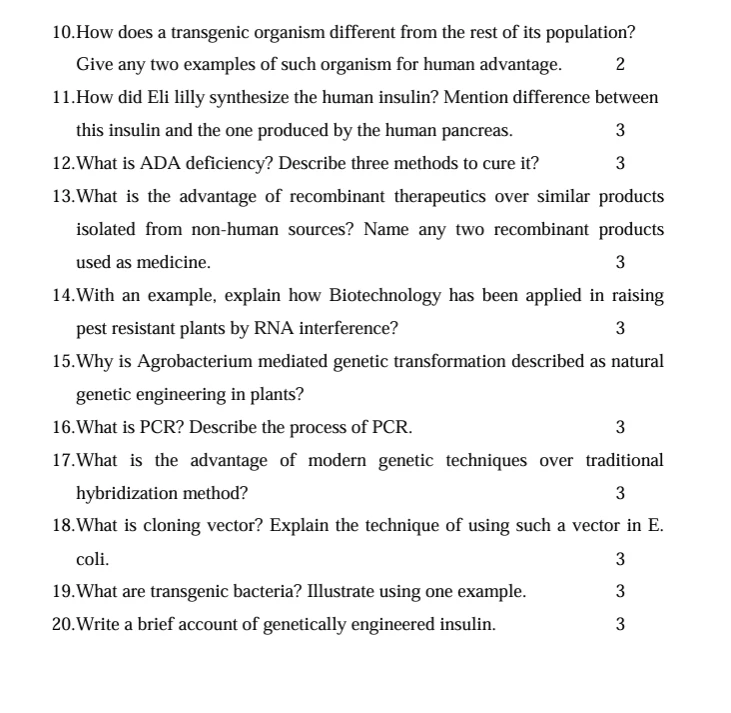 Bio Technology Principles and Applications worksheets for Class 12
