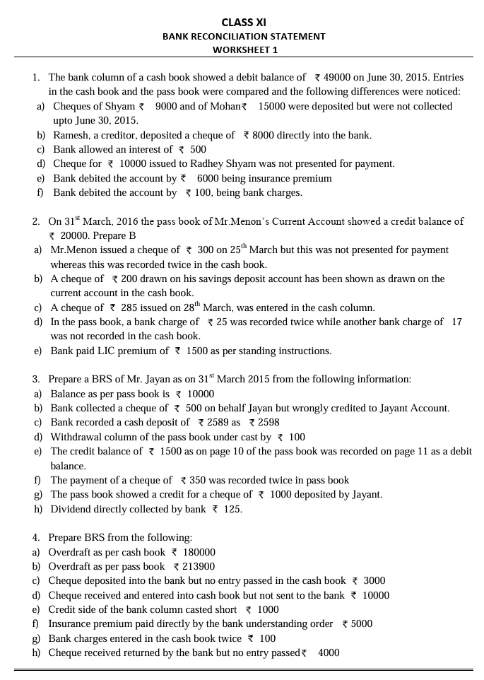 Accountancy worksheets for Class 11