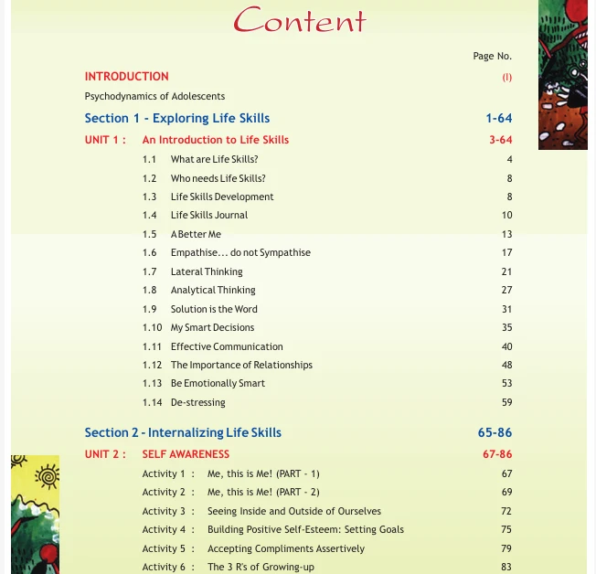 CBSE Class 8 Life Skills Teachers Manual Textbook 2026 Contents page with life skills units and activities