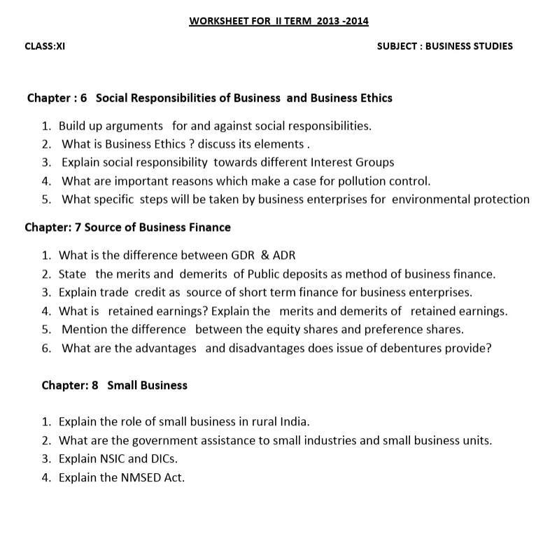 CBSE Class 11 Business Studies worksheets 2027