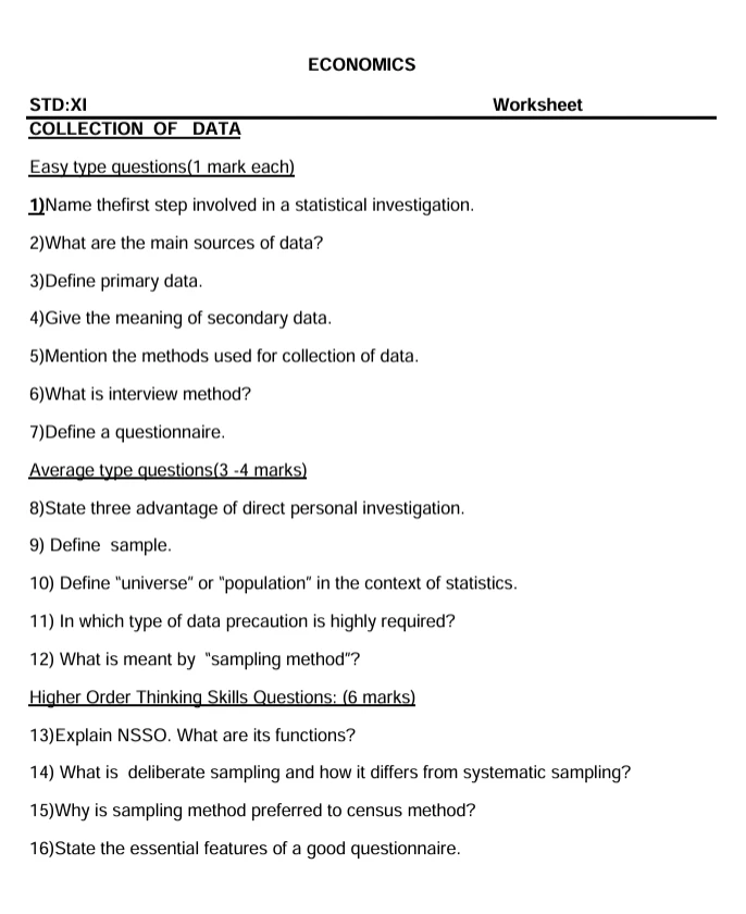 CBSE Class 11 Economics worksheets 2027